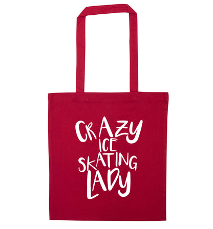 Crazy ice skating lady red tote bag