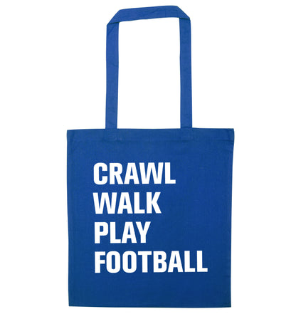 Crawl, walk, play football blue tote bag