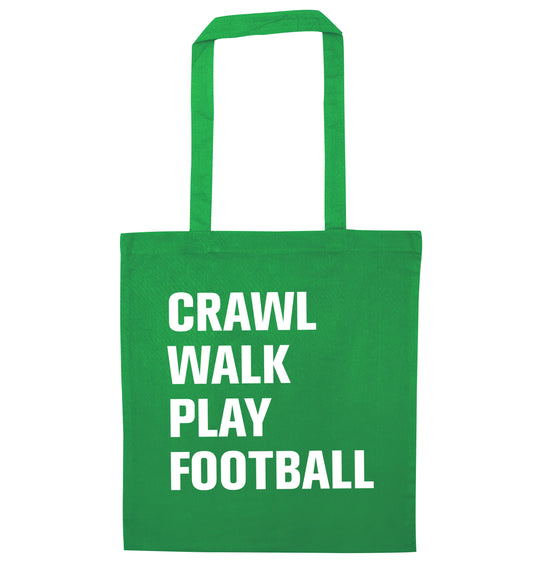 Crawl, walk, play football green tote bag