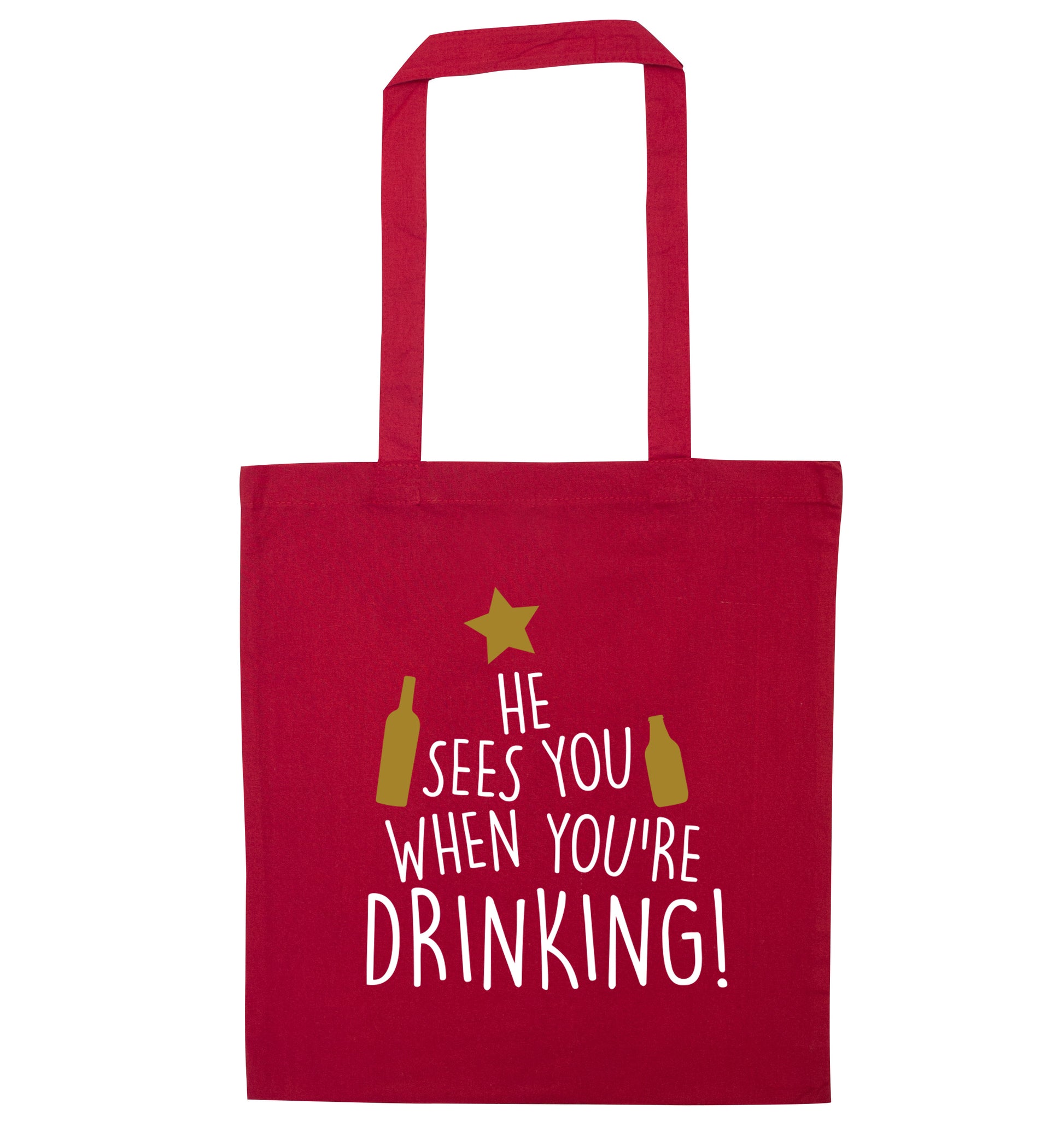 He sees you when you're drinking red tote bag