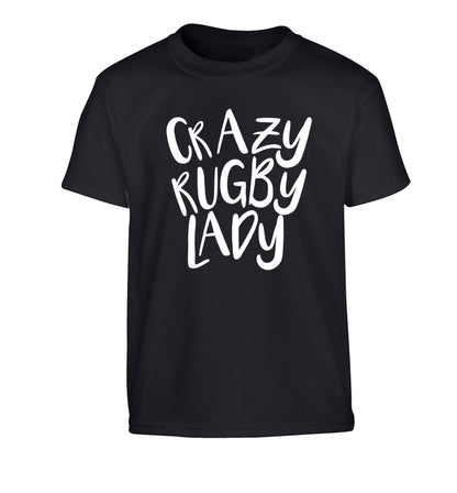 Crazy rugby lady Children's black Tshirt 12-13 Years