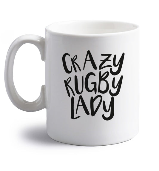 Crazy rugby lady right handed white ceramic mug 