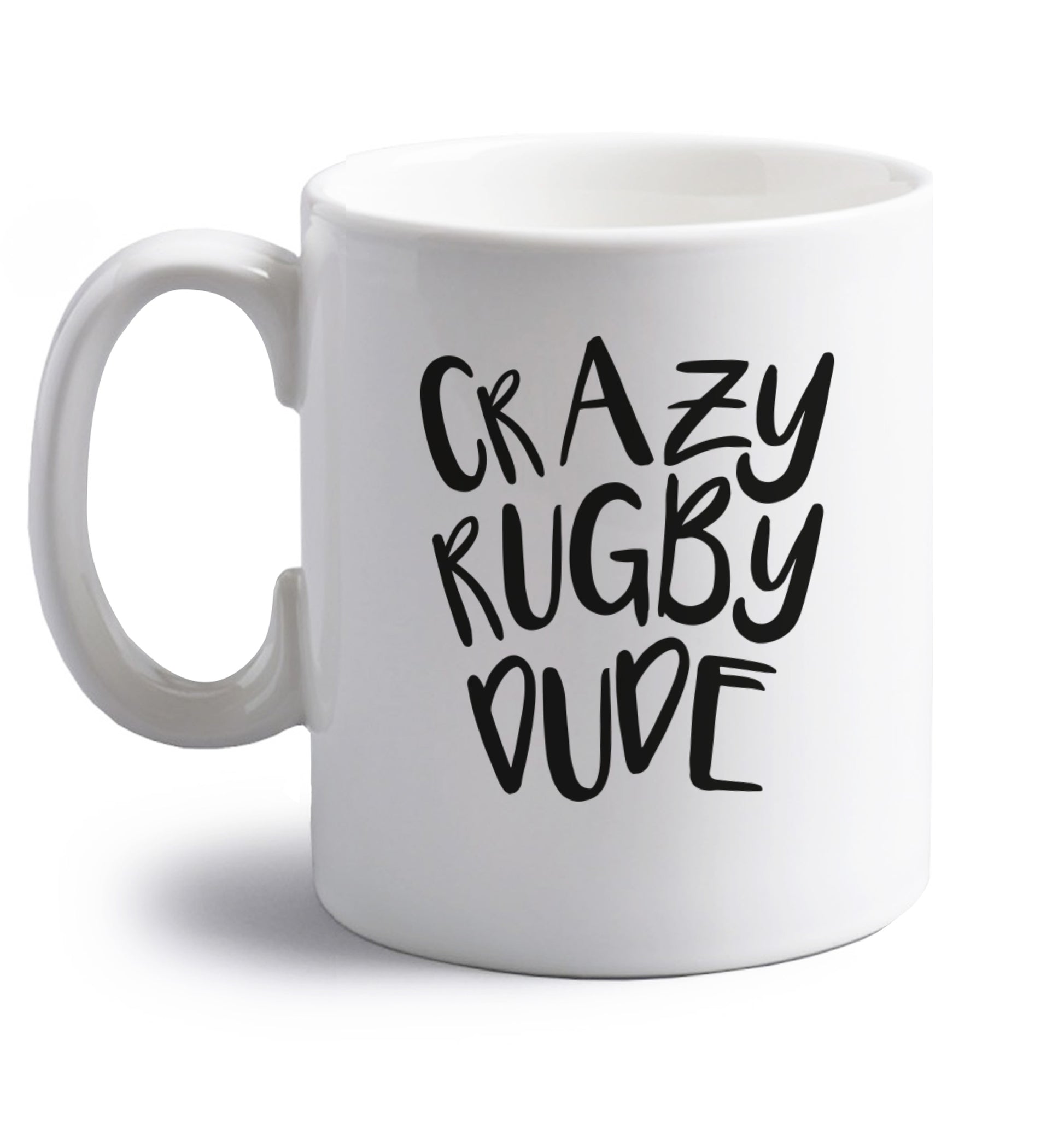 Crazy rugby dude right handed white ceramic mug 