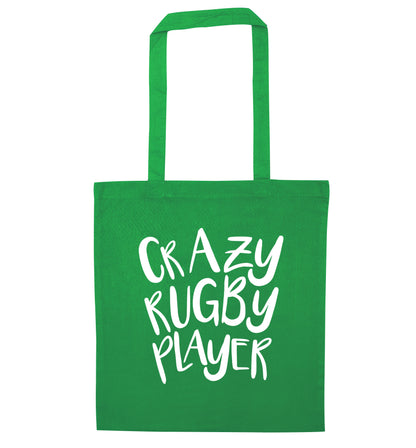 Crazy rugby player green tote bag