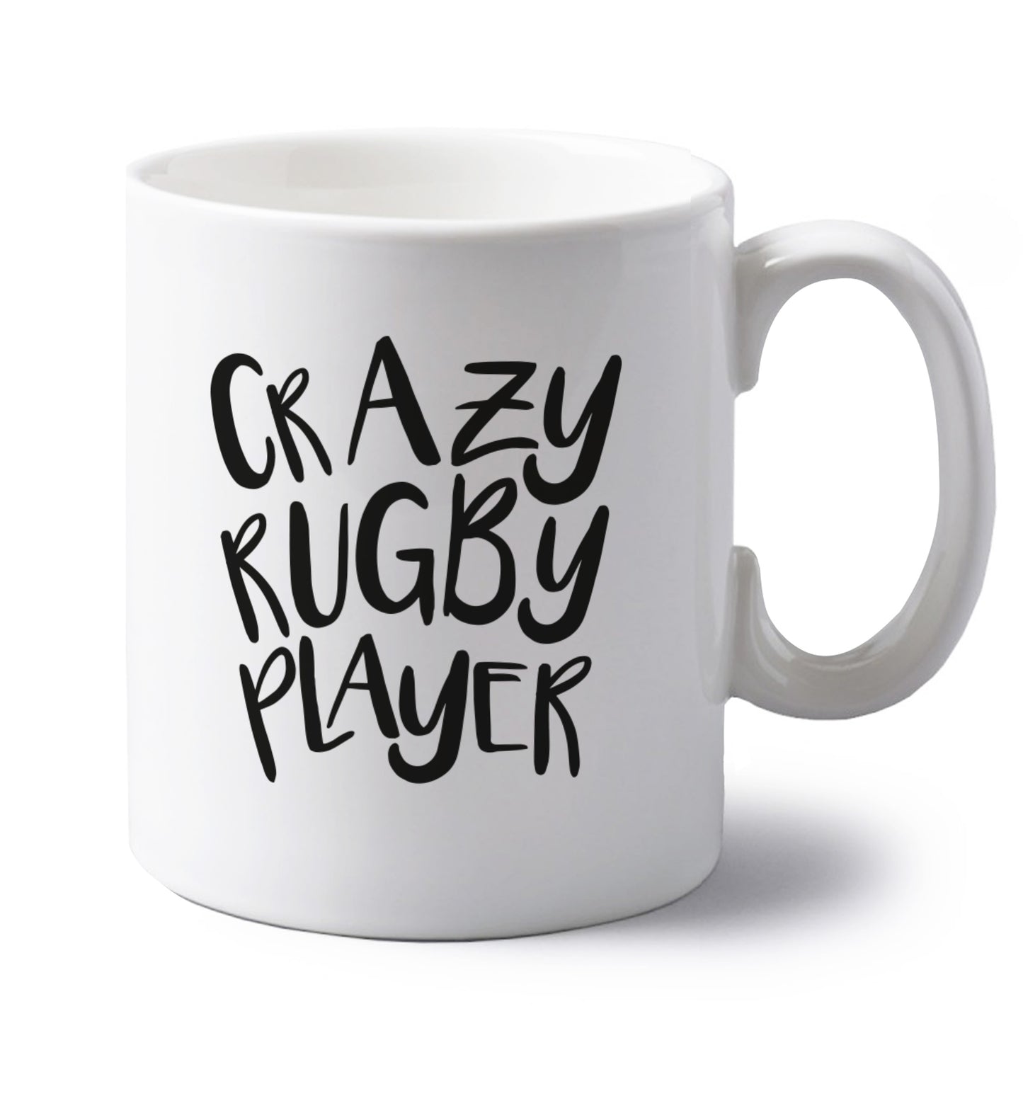 Crazy rugby player left handed white ceramic mug 