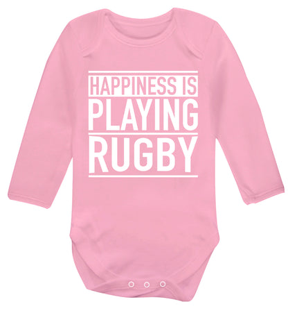 Happiness is playing rugby Baby Vest long sleeved pale pink 6-12 months
