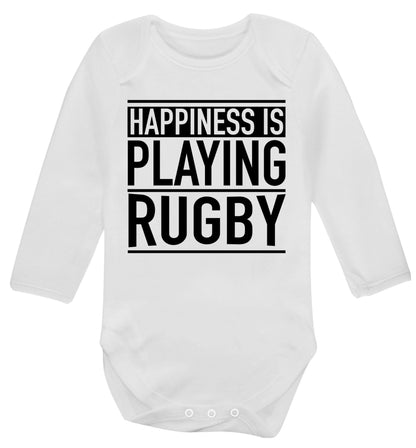 Happiness is playing rugby Baby Vest long sleeved white 6-12 months