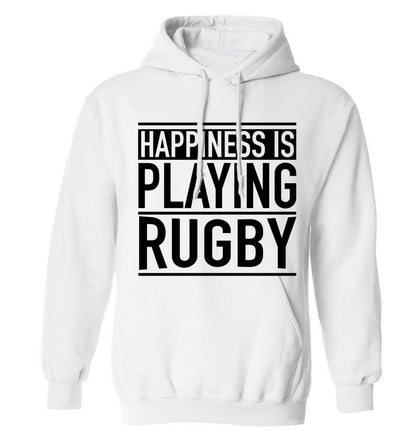 Happiness is playing rugby adults unisex white hoodie 2XL