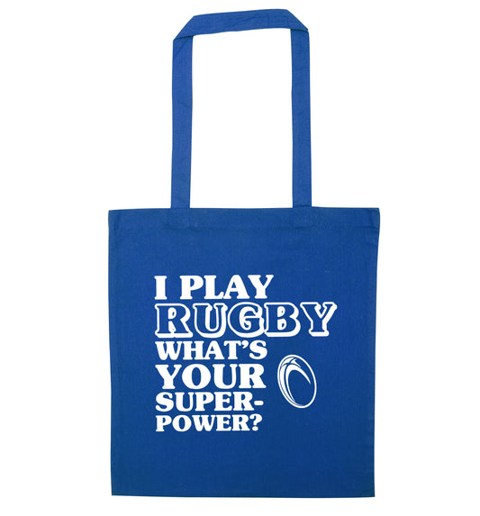 I play rugby what's your superpower? blue tote bag