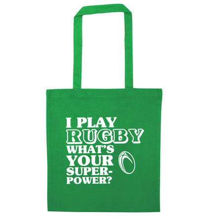 I play rugby what's your superpower? green tote bag