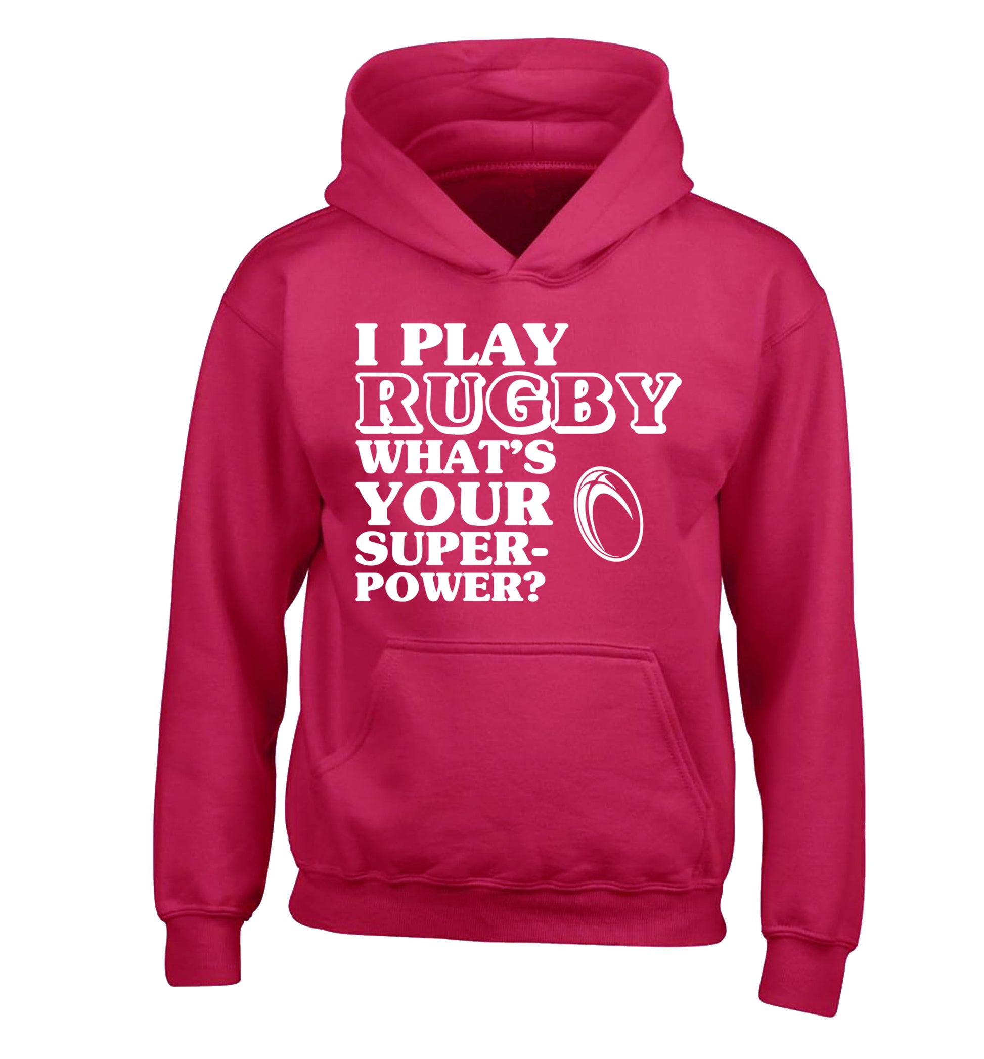 I play rugby what's your superpower? children's pink hoodie 12-13 Years