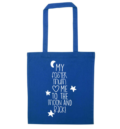My foster mum loves me to the moon and back blue tote bag