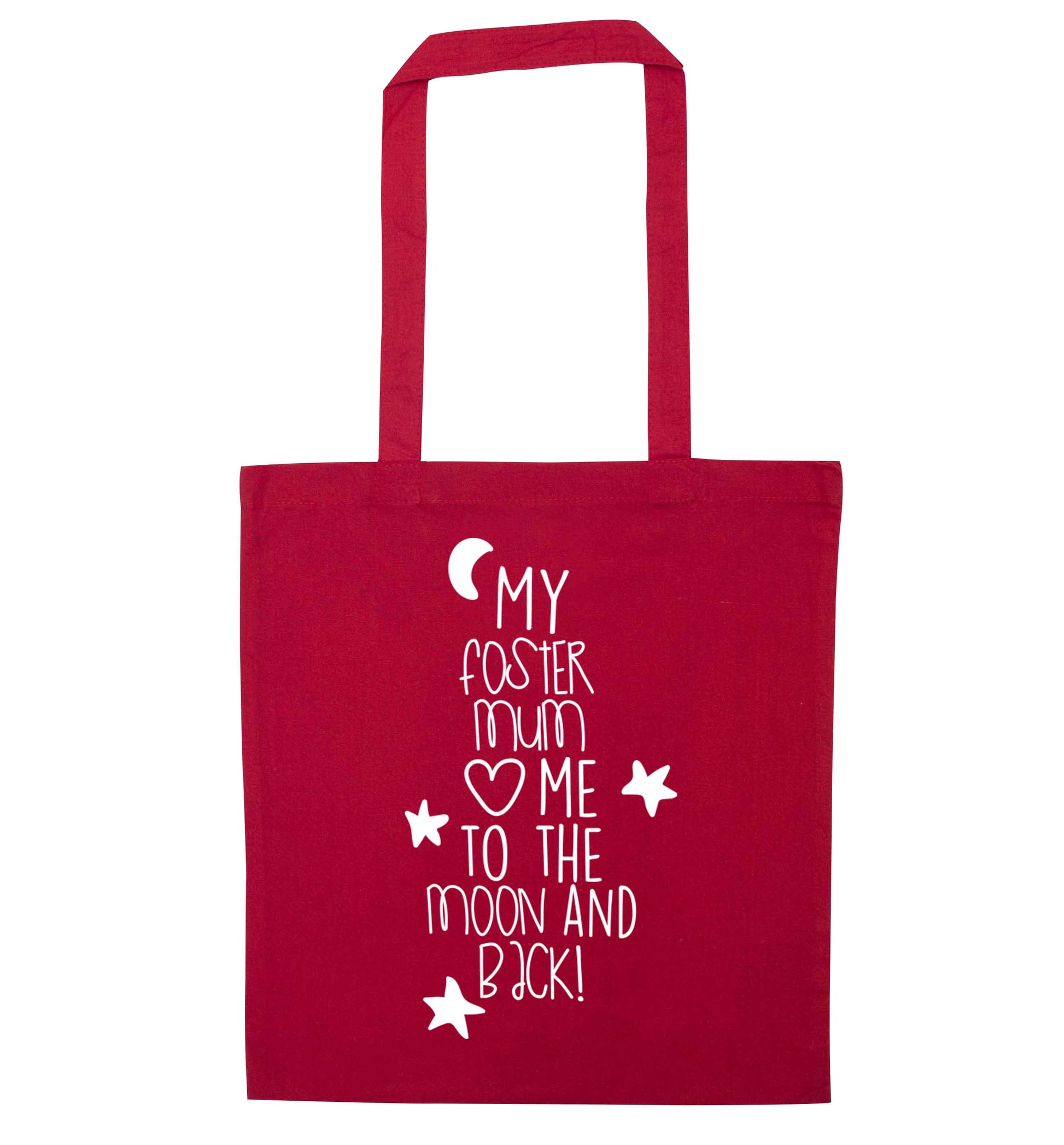 My foster mum loves me to the moon and back red tote bag