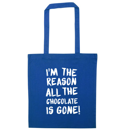 I'm the reason all the eggnog is gone blue tote bag