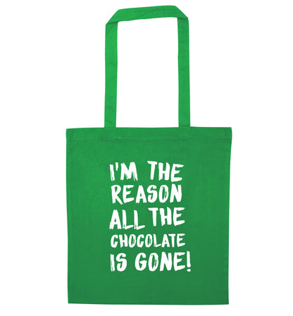 I'm the reason all the eggnog is gone green tote bag