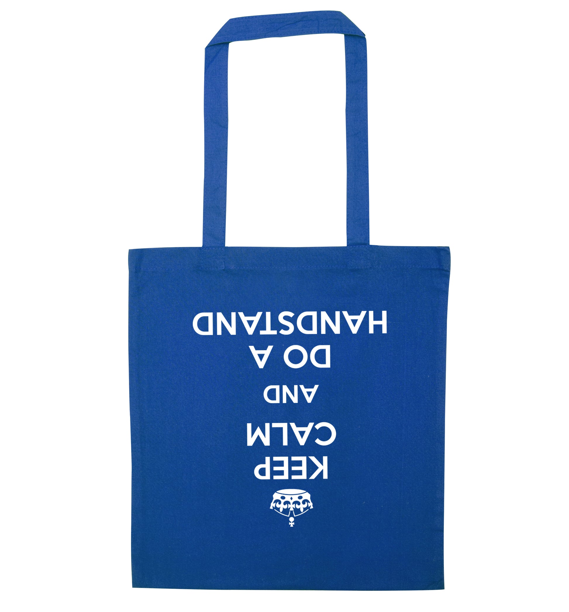 Keep calm and do a handstand blue tote bag