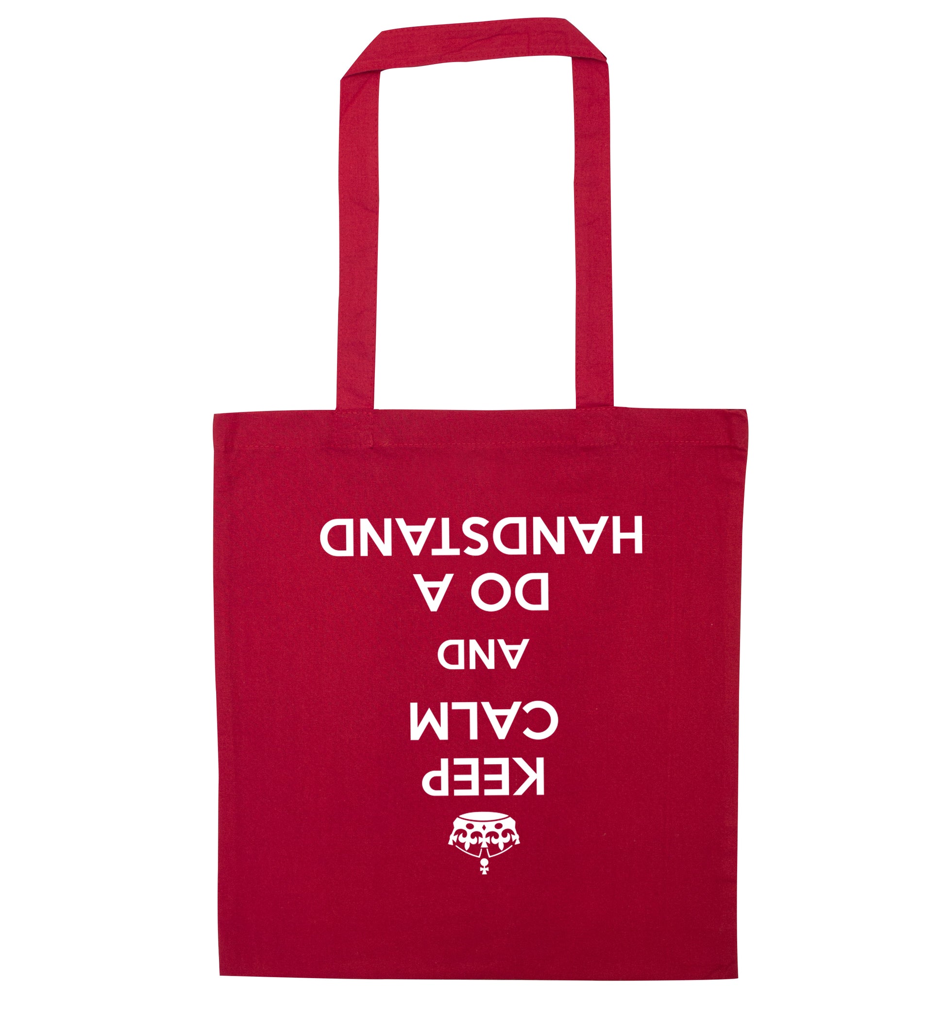Keep calm and do a handstand red tote bag