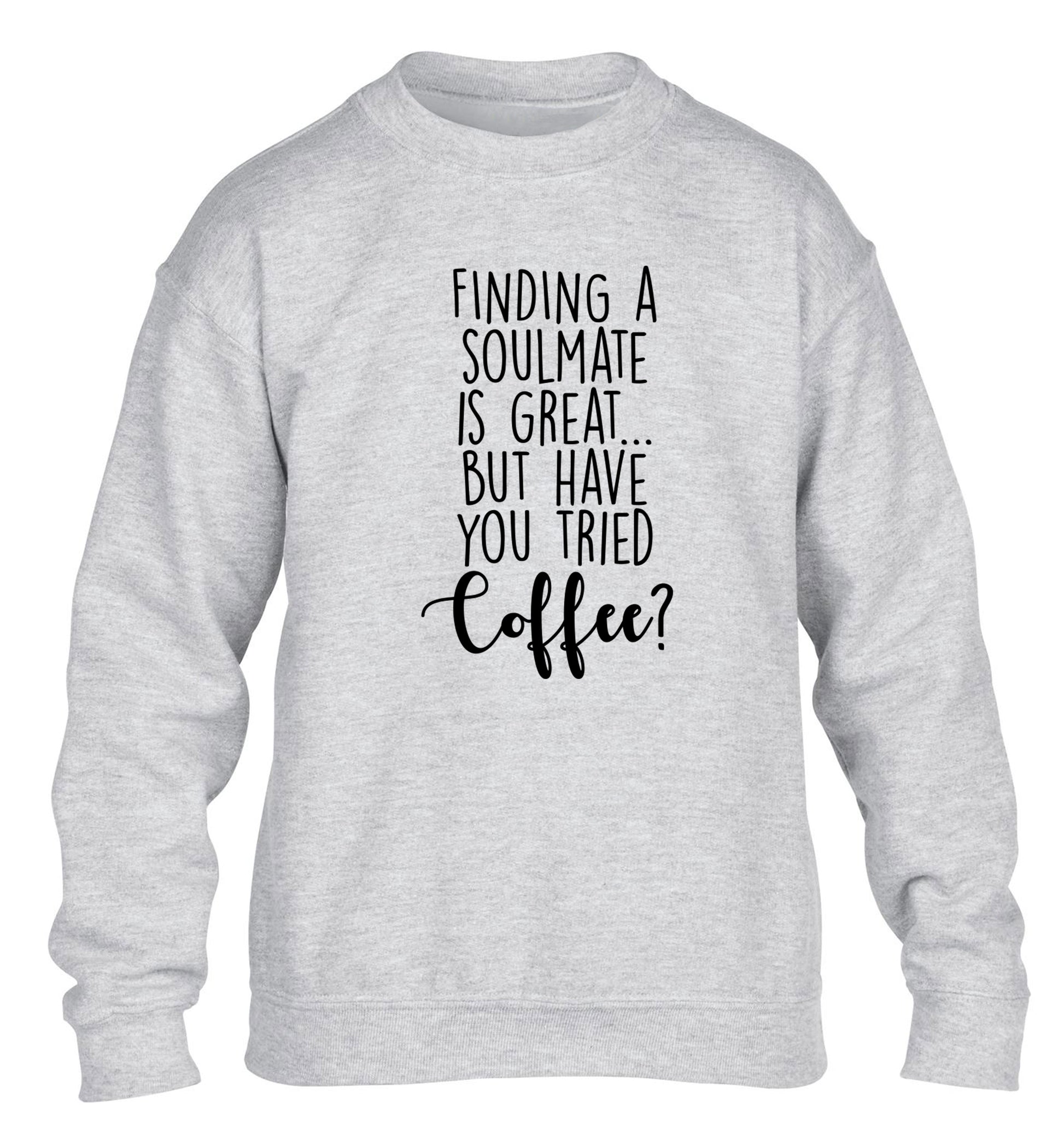 Finding a soulmate is great but have you tried coffee? children's grey sweater 12-13 Years