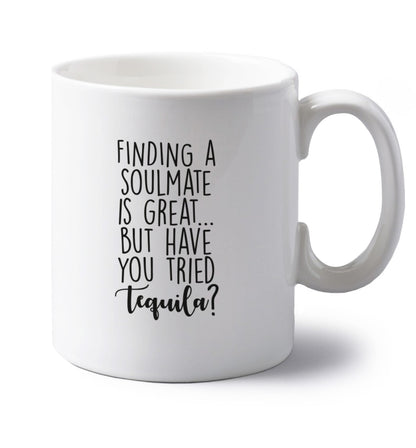 Finding a soulmate is great but have you tried gin? left handed white ceramic mug 