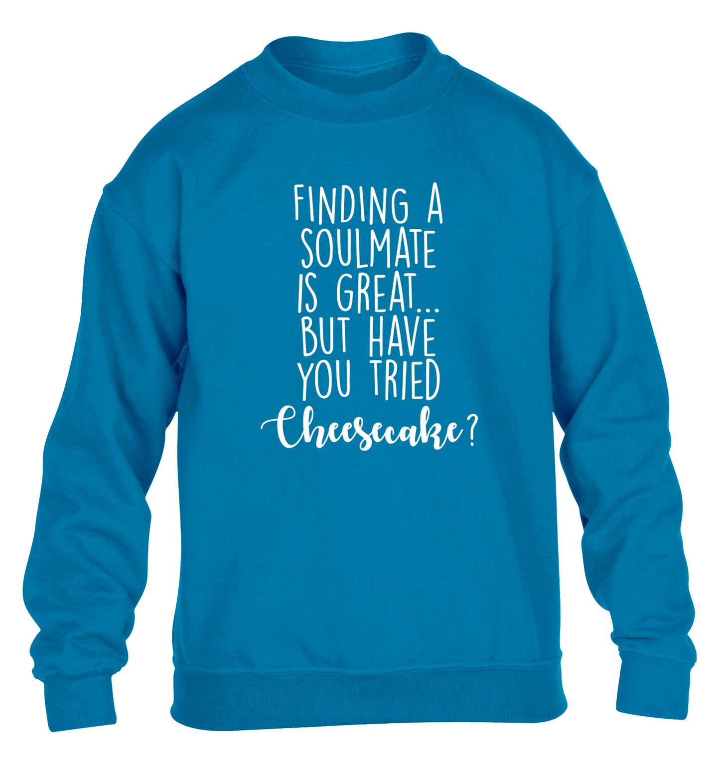 Finding a soulmate is great but have you tried cheesecake? children's blue sweater 12-13 Years