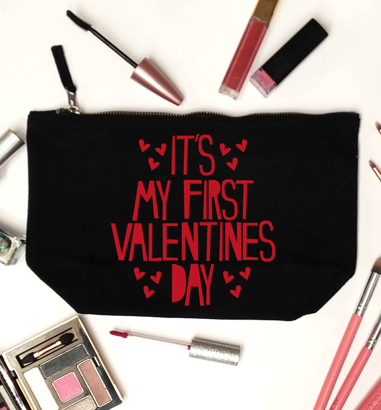 Hearts It's my First Valentine's Day black makeup bag
