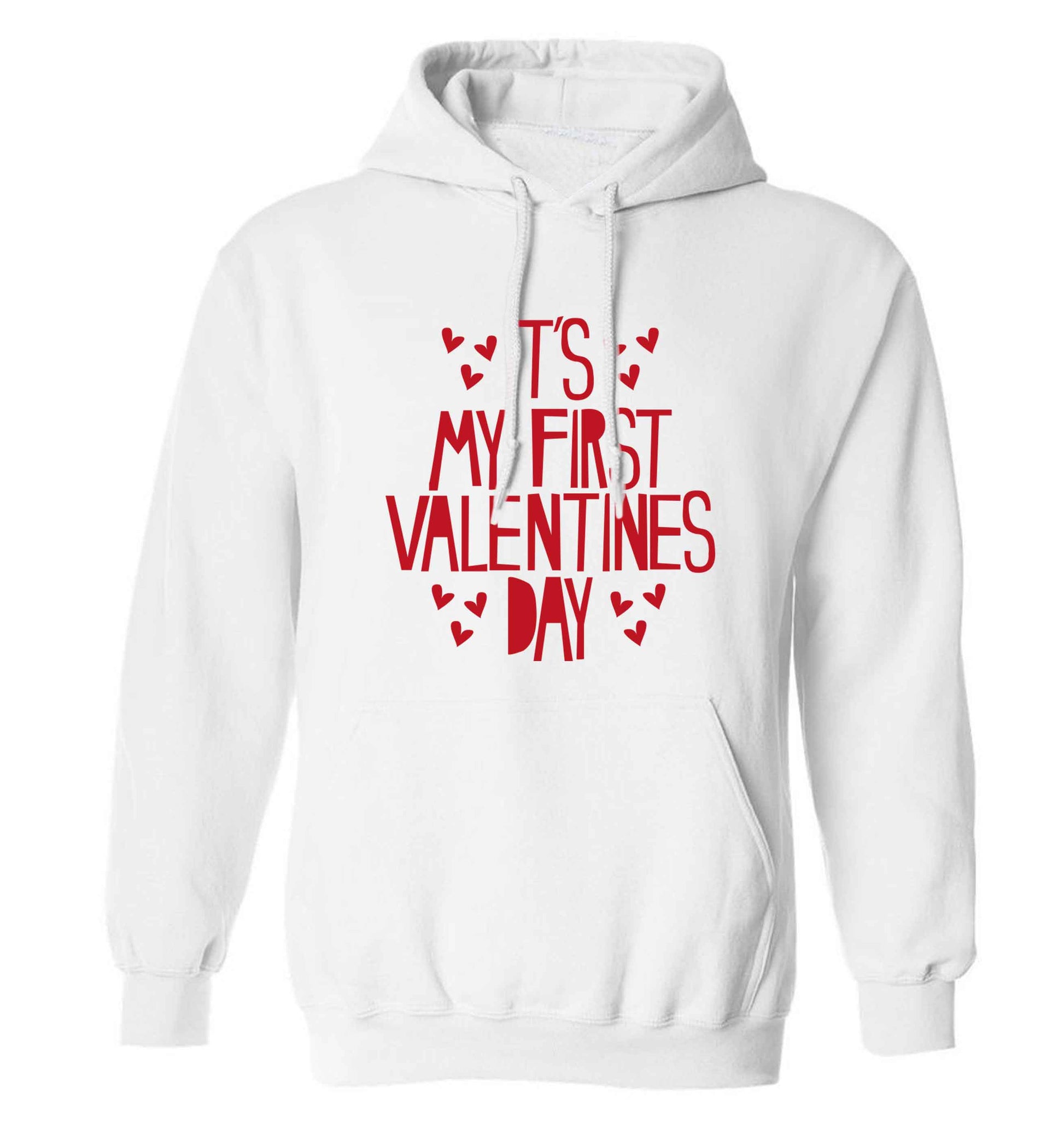 Hearts It's my First Valentine's Day adults unisex white hoodie 2XL