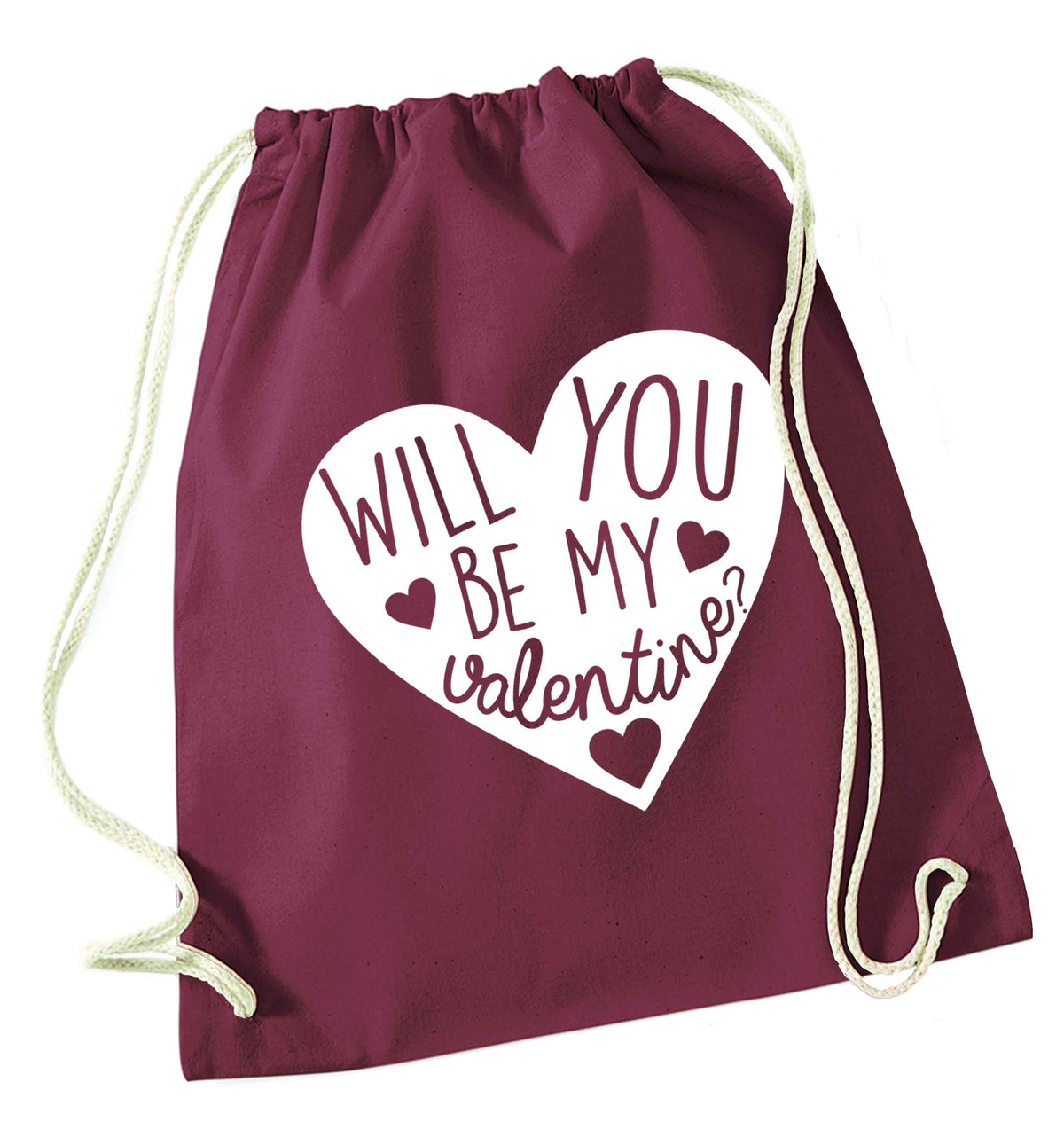 Will you be my valentine? maroon drawstring bag
