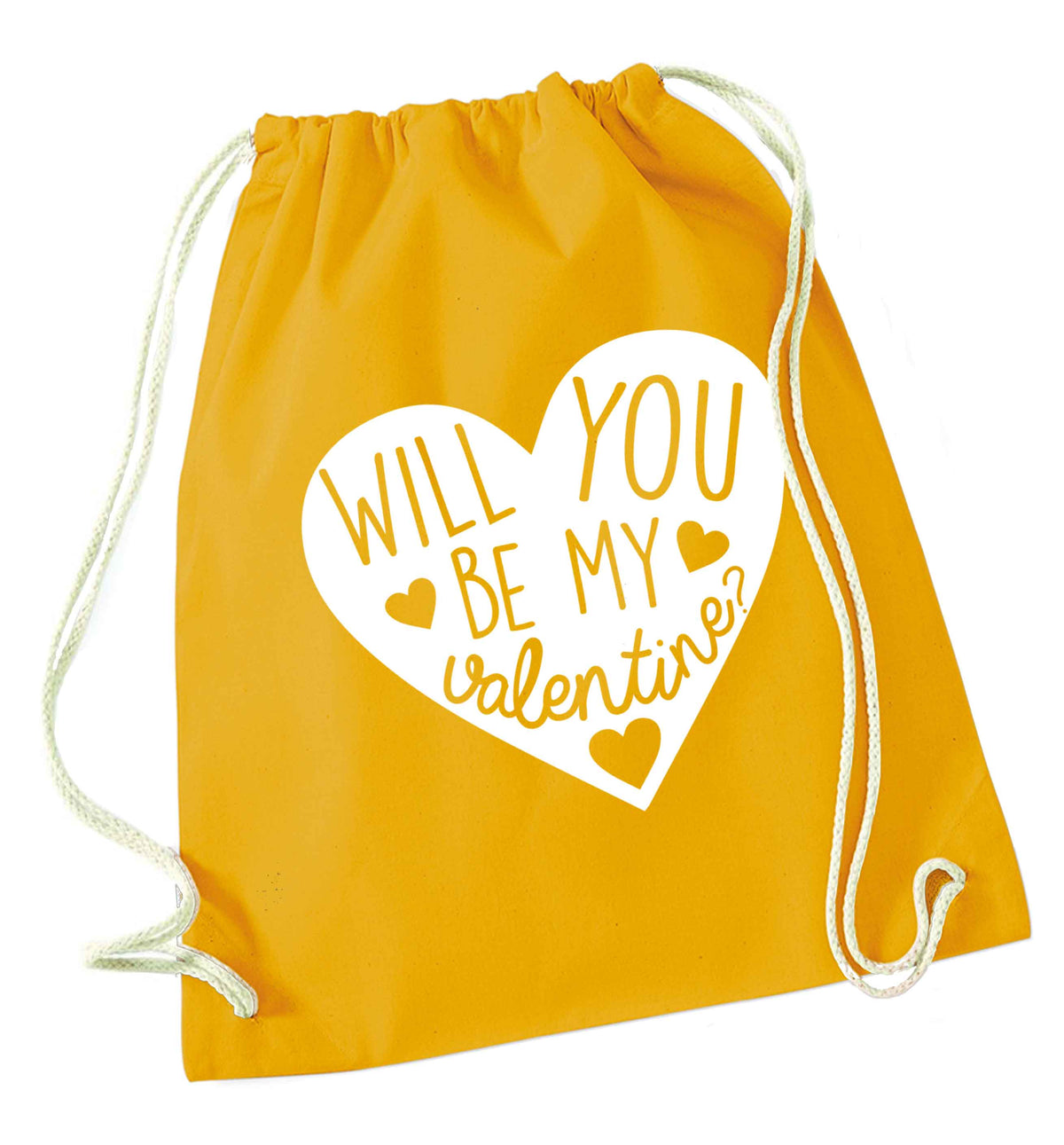 Will you be my valentine? mustard drawstring bag