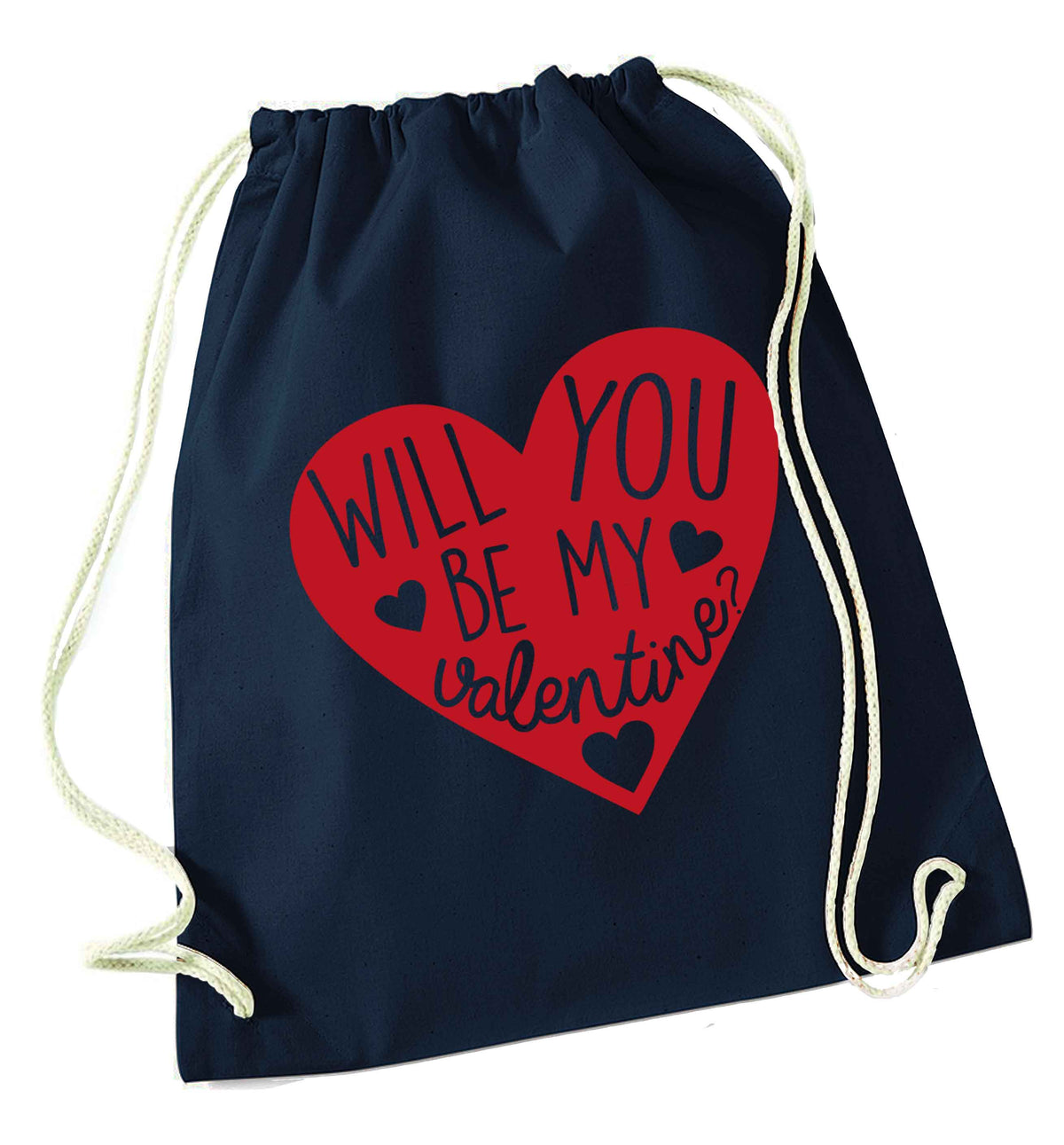 Will you be my valentine? navy drawstring bag