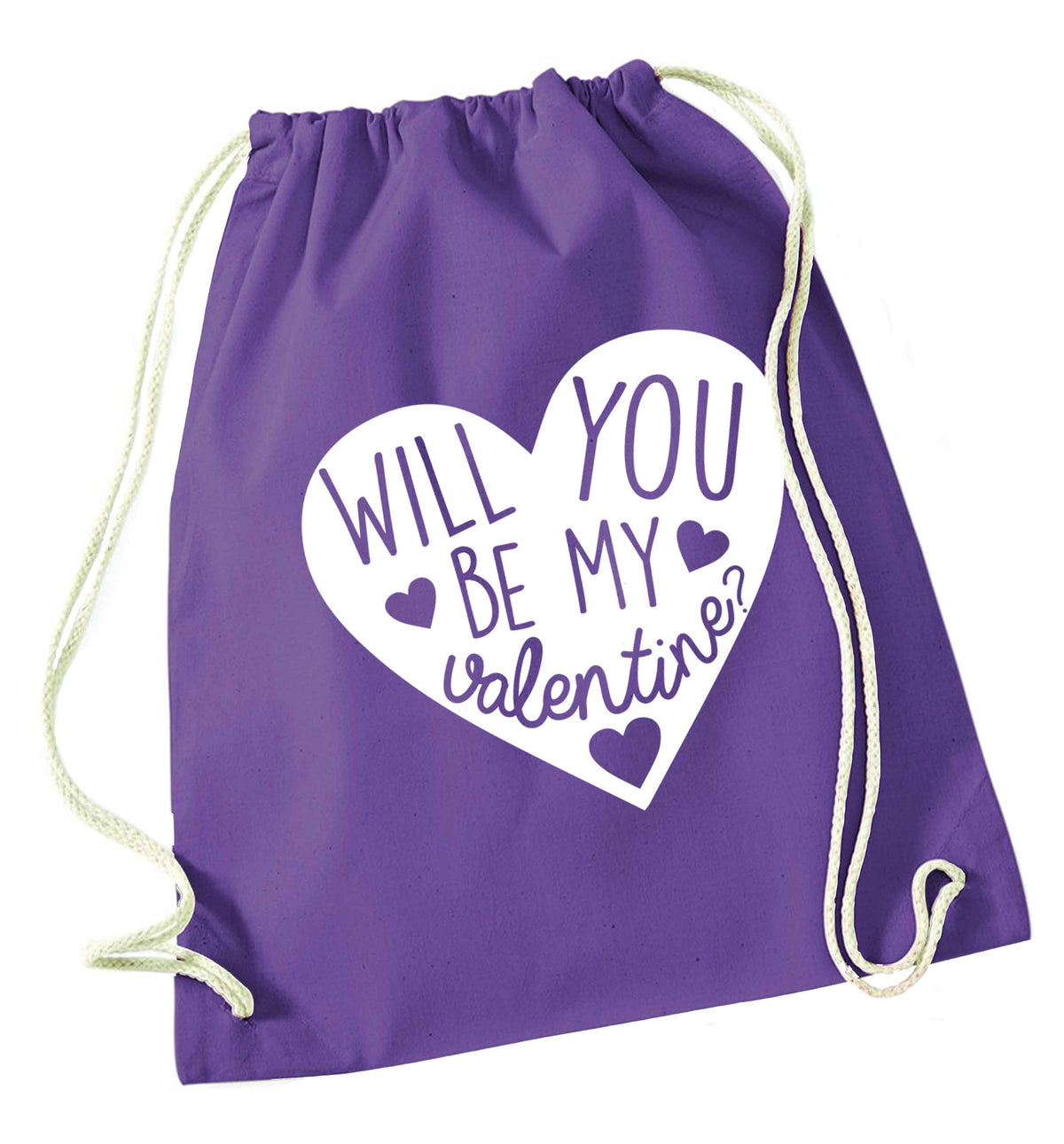 Will you be my valentine? purple drawstring bag