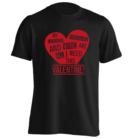 My labrador, chocolate and wine are all I need this valentine! adults unisex black Tshirt 2XL