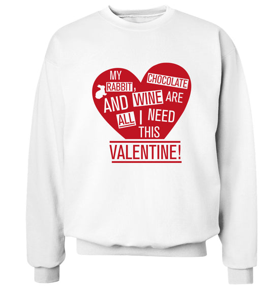 My rabbit, chocolate and wine are all I need this valentine! Adult's unisex white Sweater 2XL
