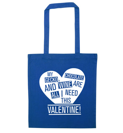 My gecko, chocolate and wine are all I need this valentine! blue tote bag