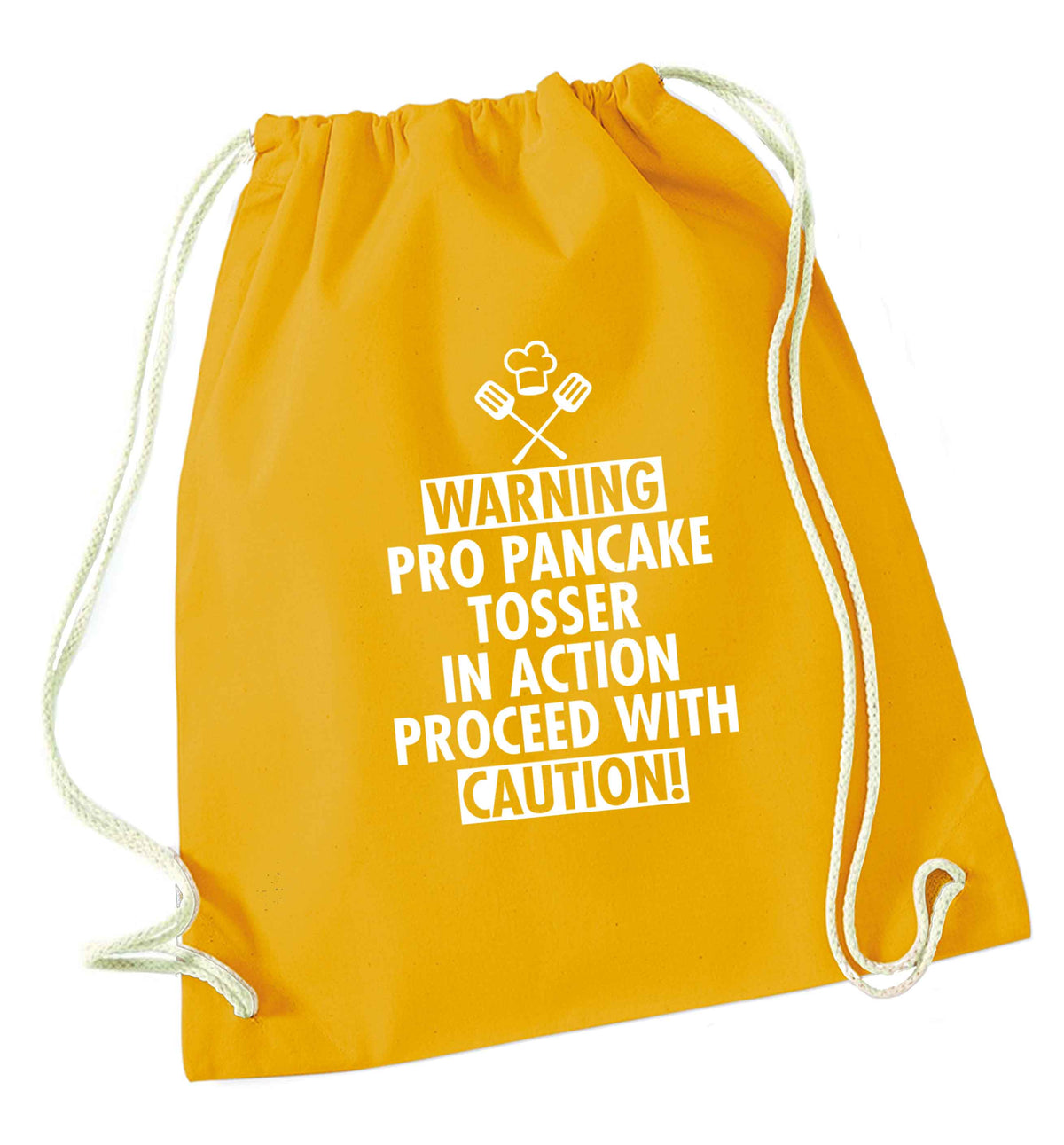 Warning pro pancake tosser in action proceed with caution mustard drawstring bag