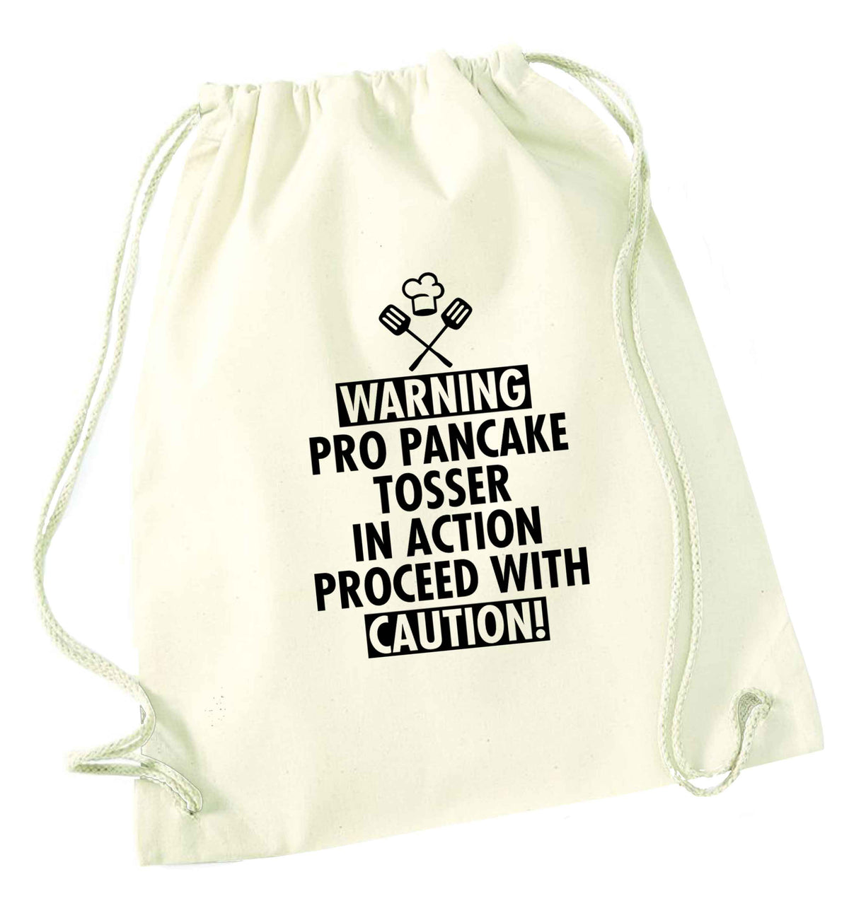 Warning pro pancake tosser in action proceed with caution natural drawstring bag
