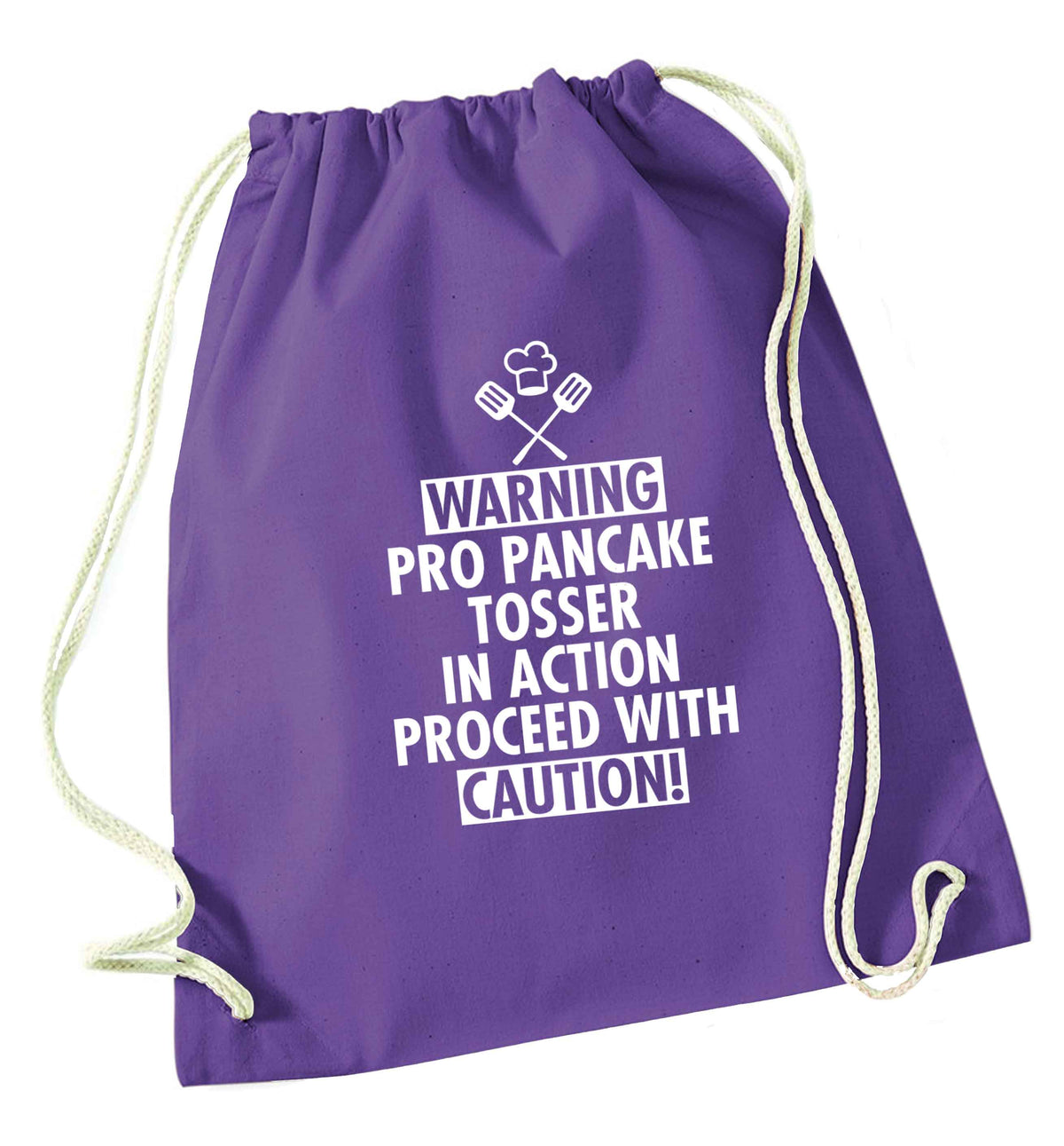 Warning pro pancake tosser in action proceed with caution purple drawstring bag