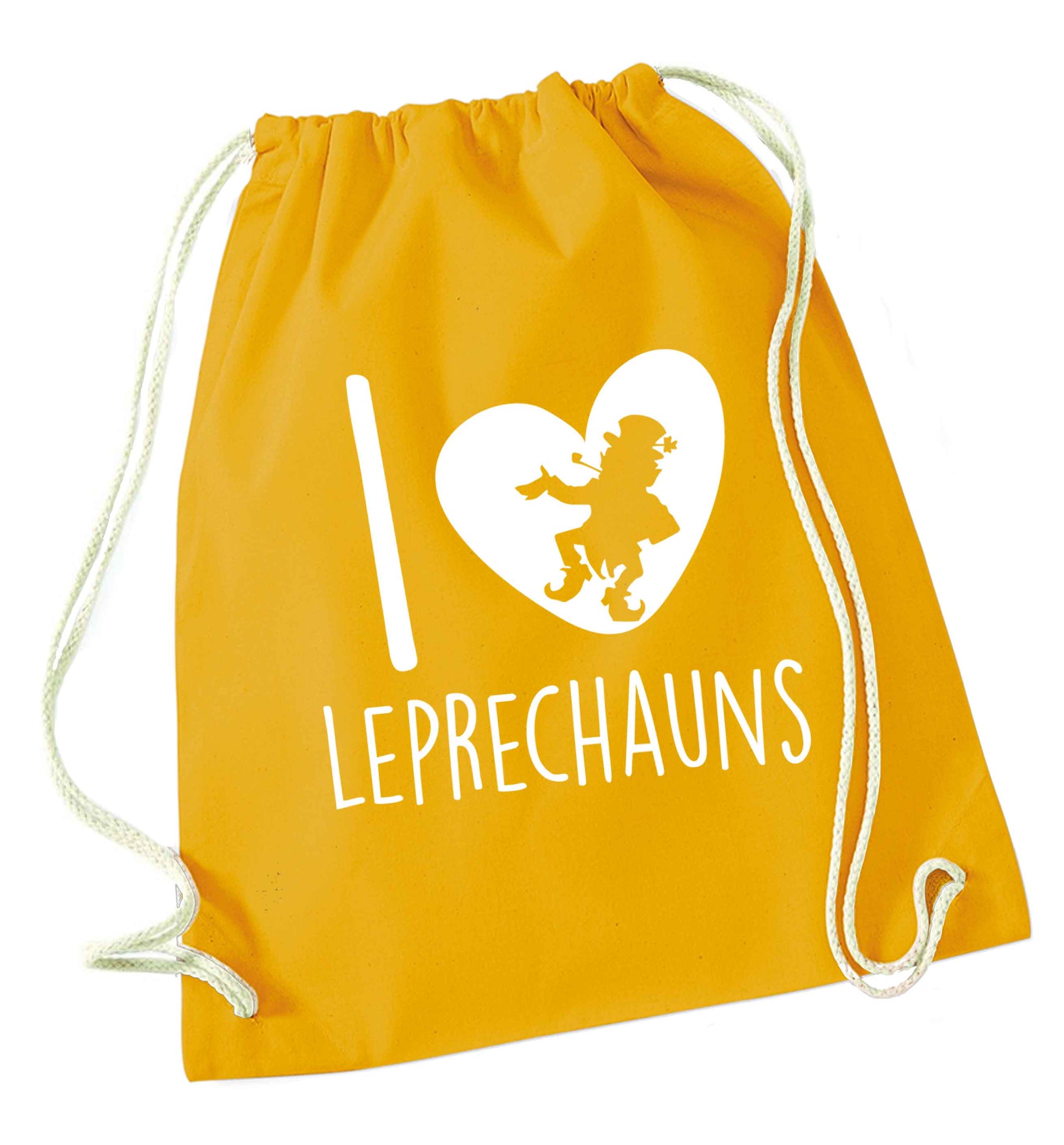 I love leprechauns mustard drawstring bag