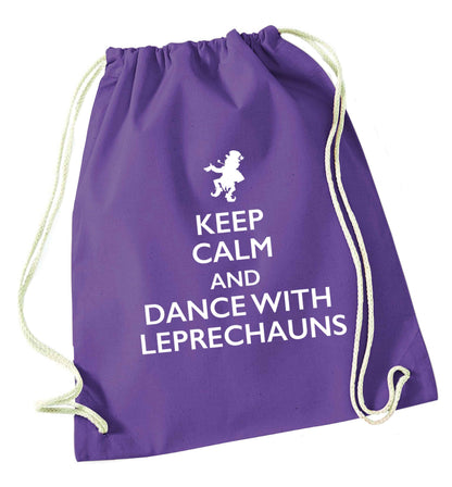 Keep calm and dance with leprechauns purple drawstring bag