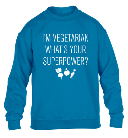 I'm vegetarian what's your superpower? children's blue sweater 12-13 Years