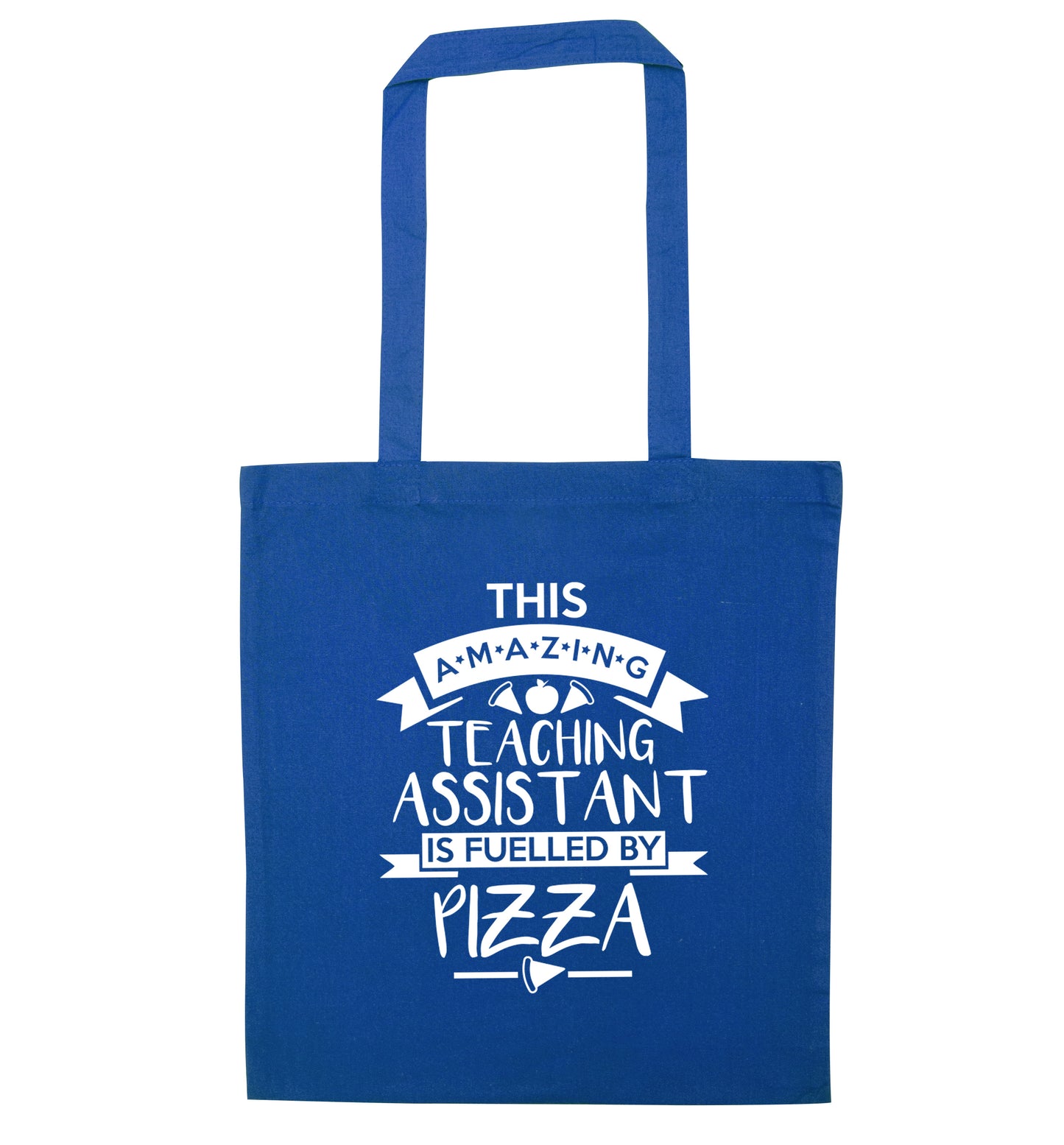 This amazing teaching assistant is fuelled by pizza blue tote bag