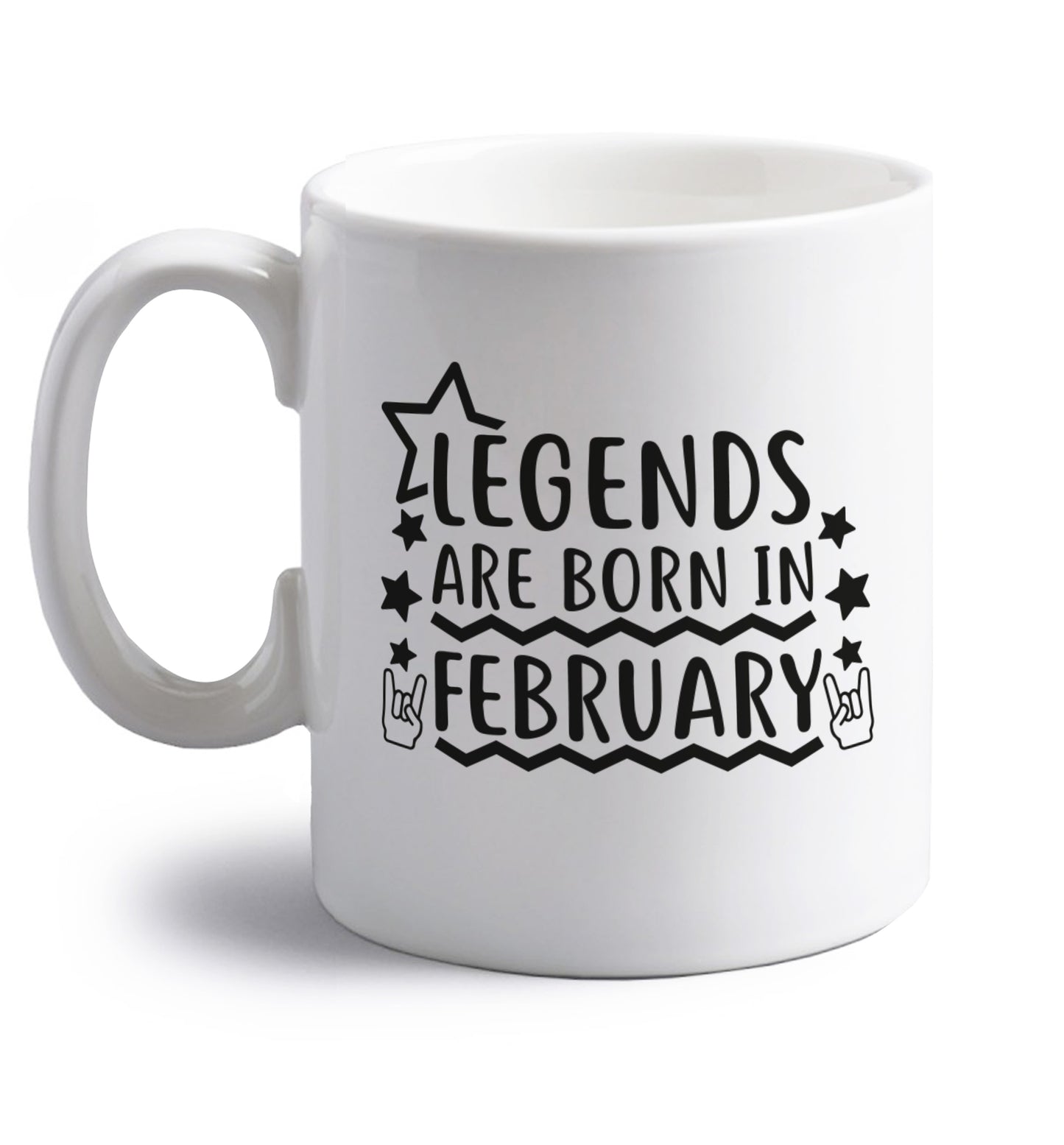 Legends are born in February right handed white ceramic mug 