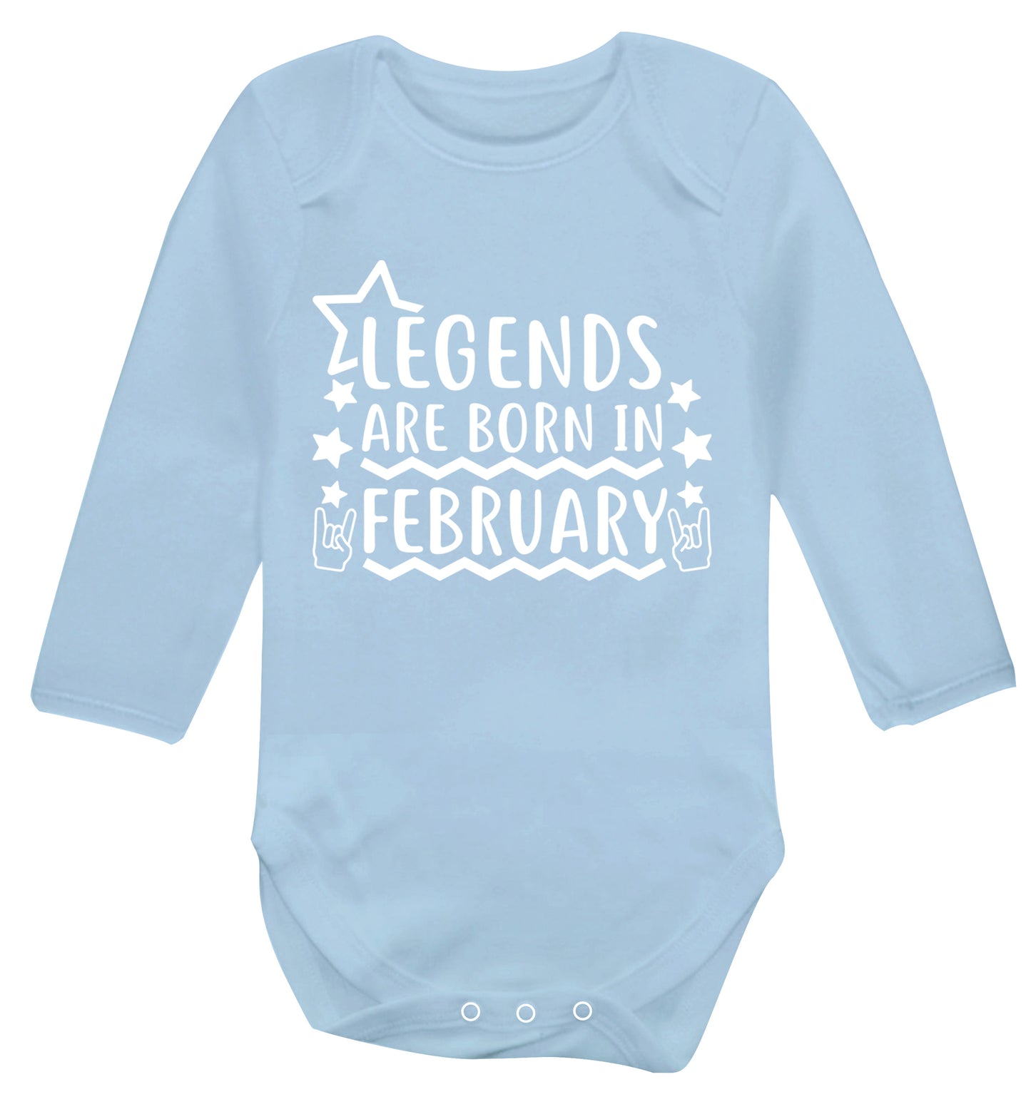 Legends are born in February Baby Vest long sleeved pale blue 6-12 months
