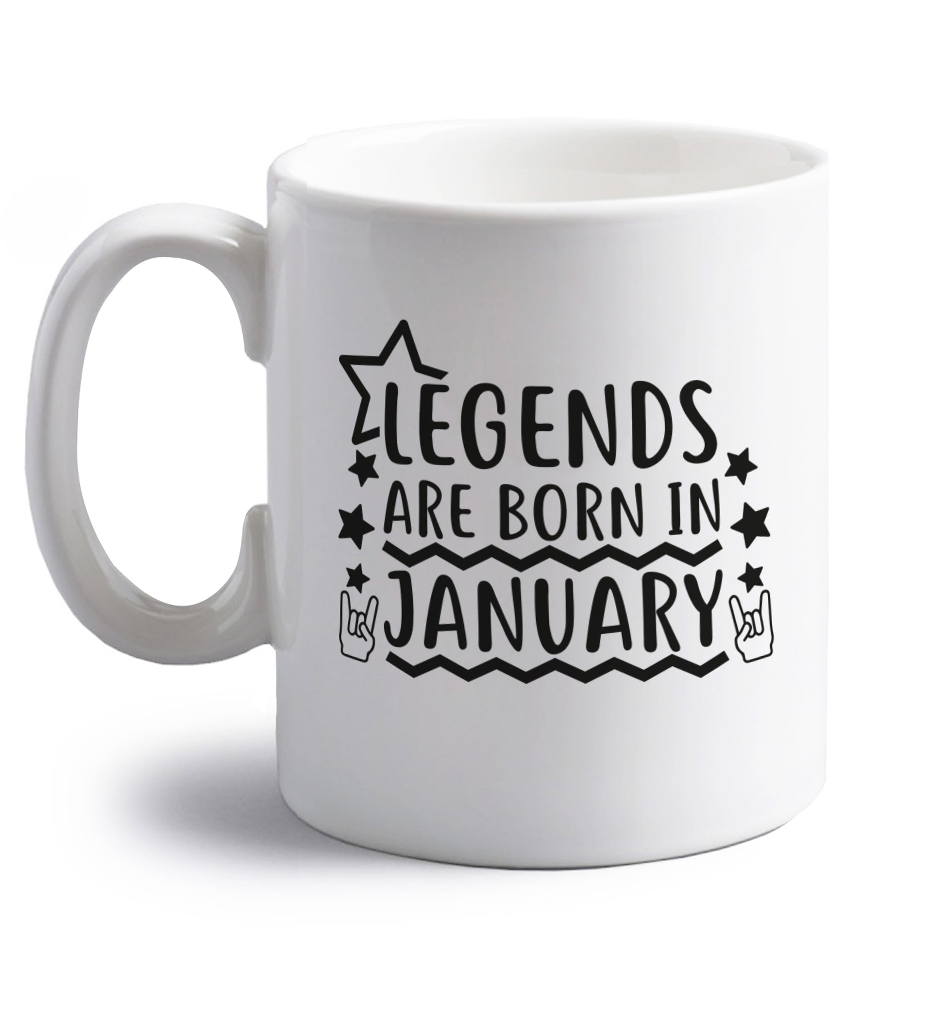 Legends are born in January right handed white ceramic mug 