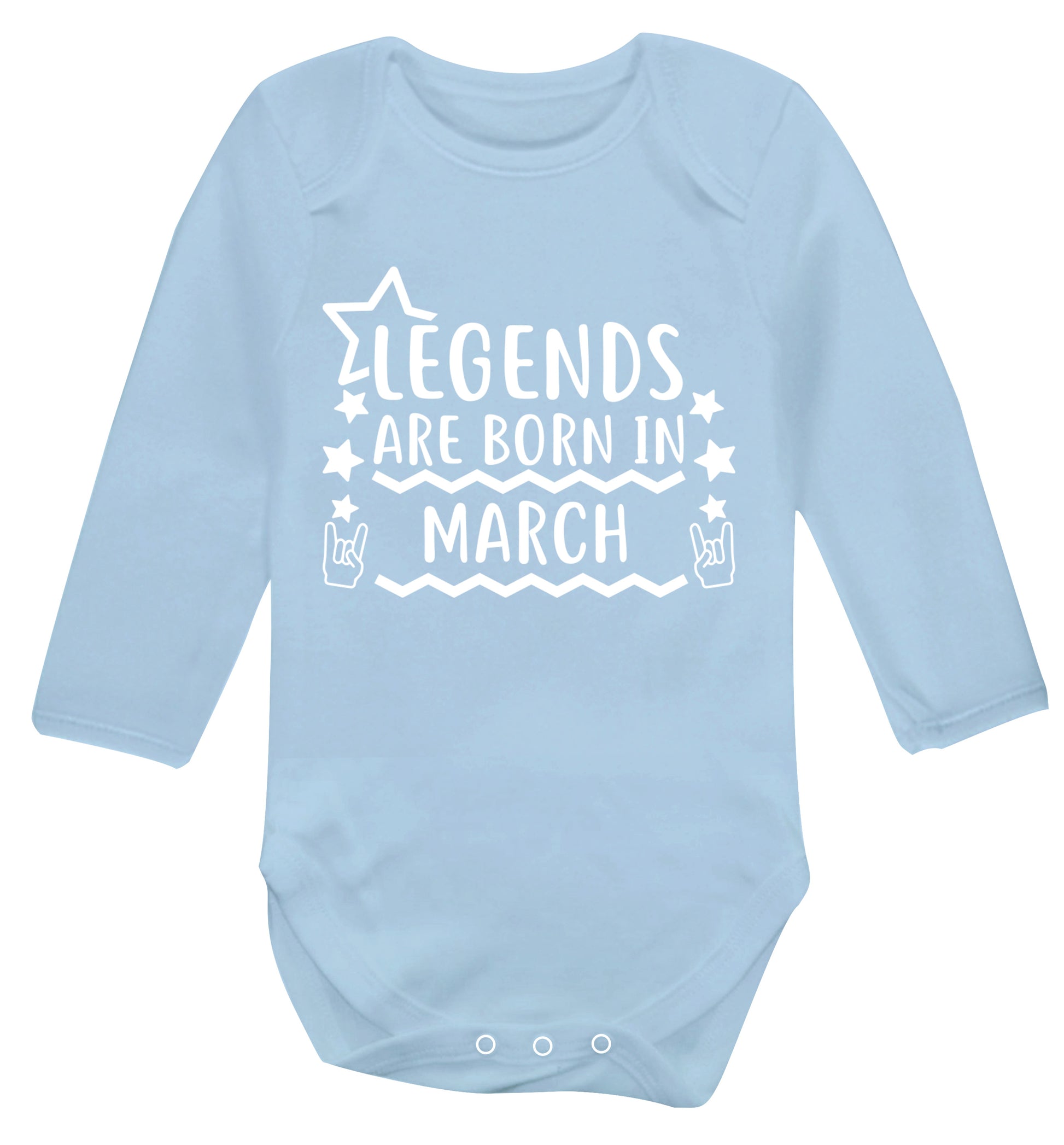 Legends are born in March Baby Vest long sleeved pale blue 6-12 months