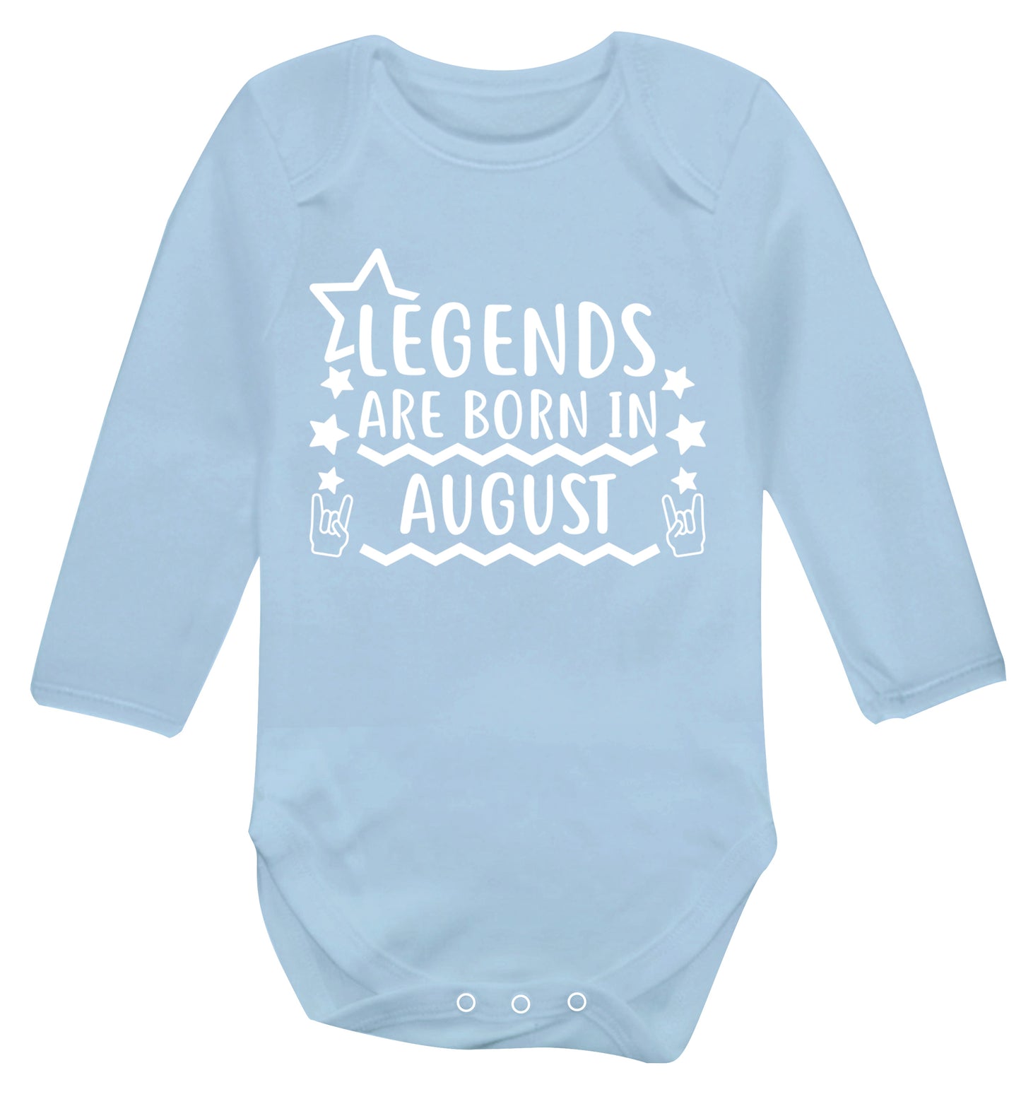 Legends are born in August Baby Vest long sleeved pale blue 6-12 months