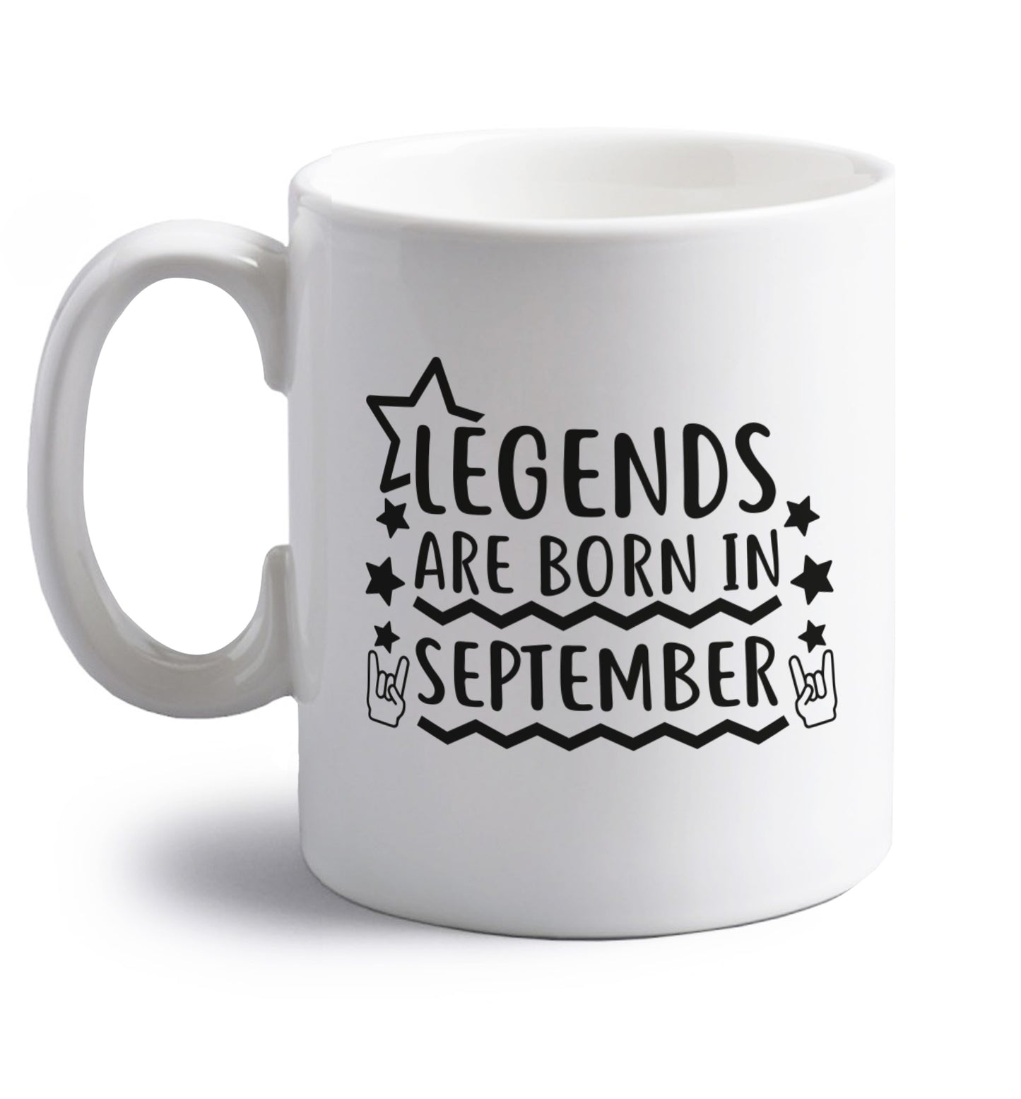Legends are born in September right handed white ceramic mug 