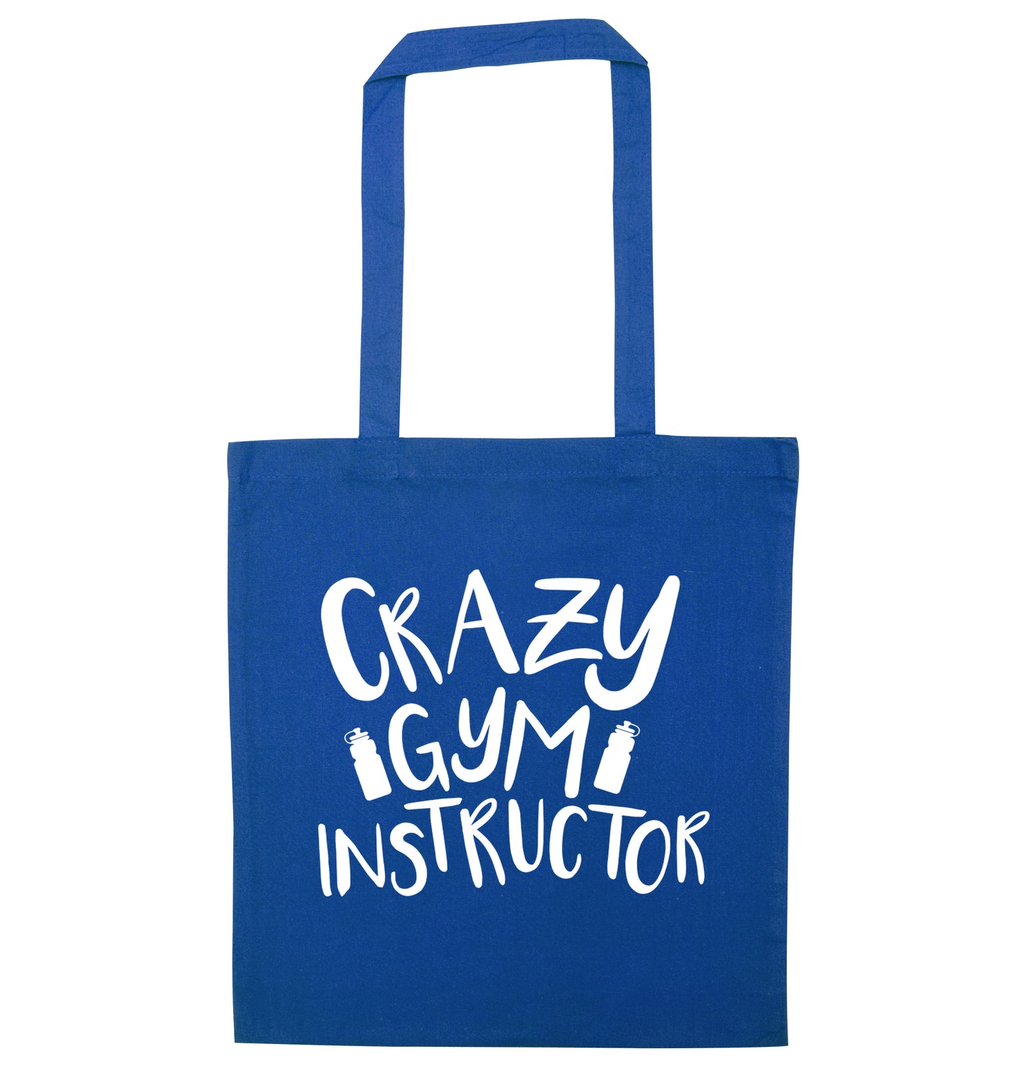 Crazy gym instructor blue tote bag