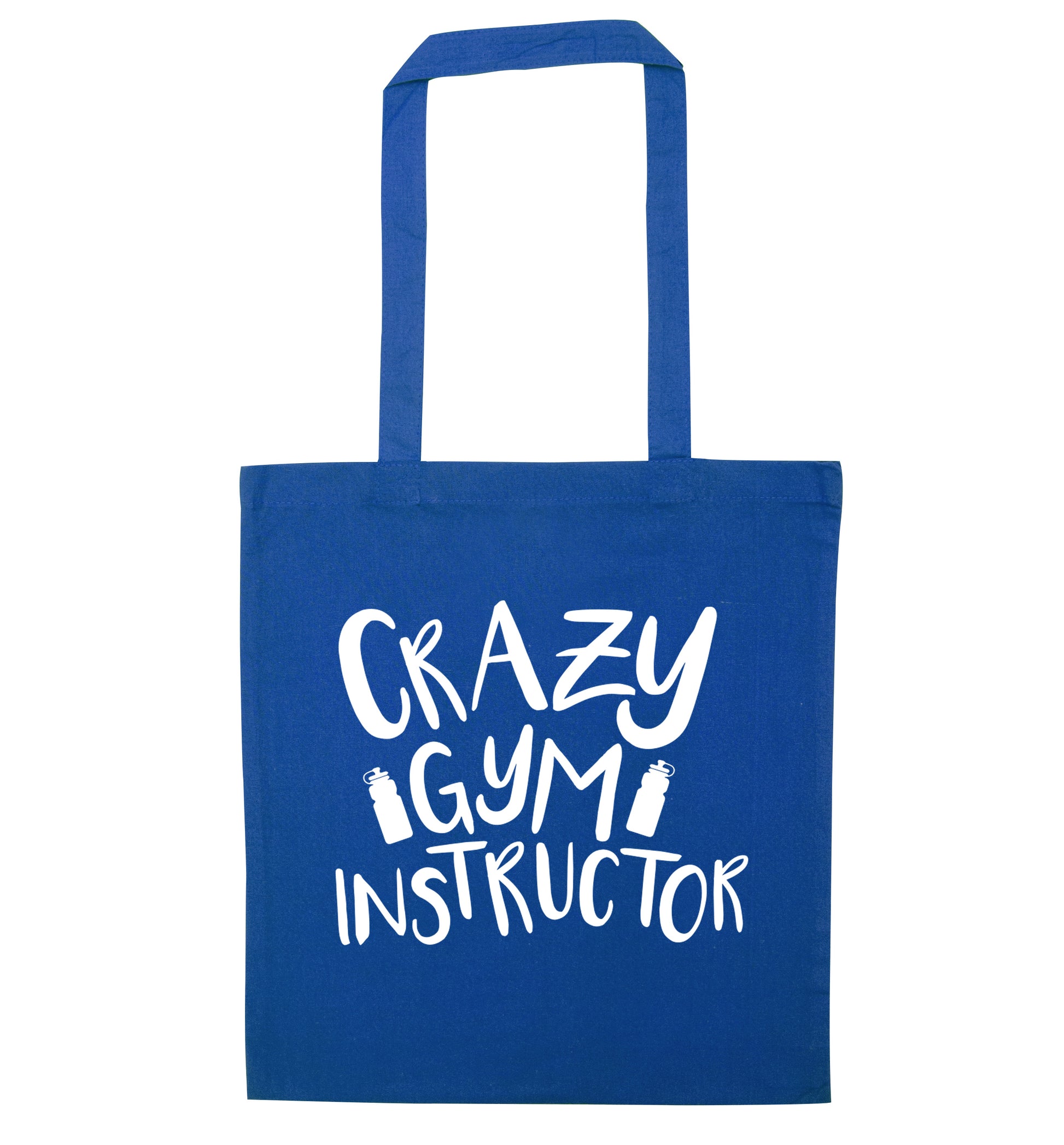 Crazy gym instructor blue tote bag