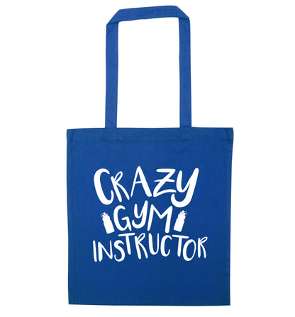 Crazy gym instructor blue tote bag