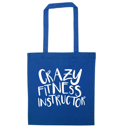 Crazy fitness instructor blue tote bag